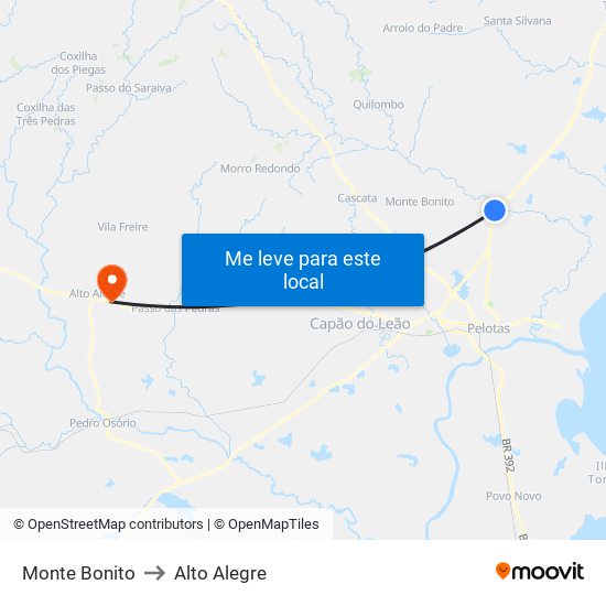 Monte Bonito to Alto Alegre map