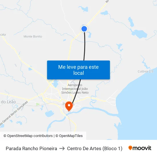 Parada Rancho Pioneira to Centro De Artes (Bloco 1) map