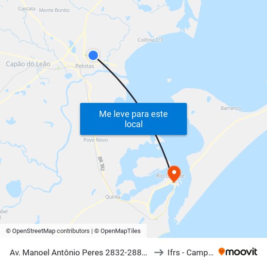 Av. Manoel Antônio Peres 2832-2880 - Areal Pelotas - Rs 96081-300 Brasil to Ifrs - Campus Rio Grande map