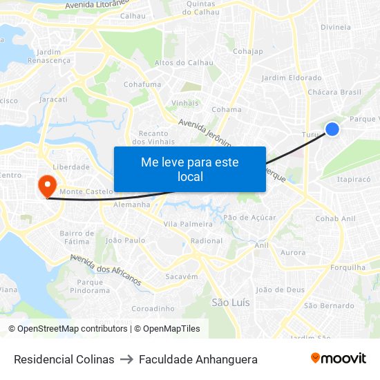 Residencial Colinas to Faculdade Anhanguera map