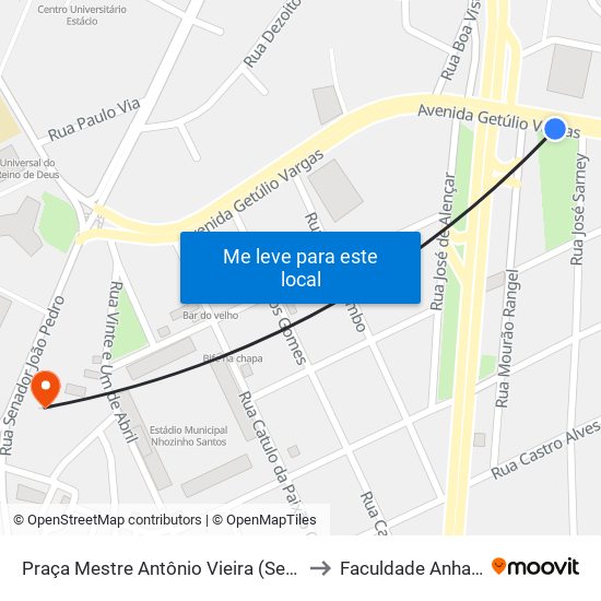 Praça Mestre Antônio Vieira (Sentido Bairro) to Faculdade Anhanguera map