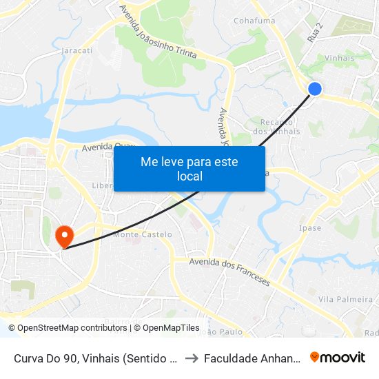Curva Do 90, Vinhais (Sentido Centro) to Faculdade Anhanguera map