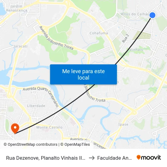 Rua Dezenove, Planalto Vinhais II (Sentido Centro) to Faculdade Anhanguera map