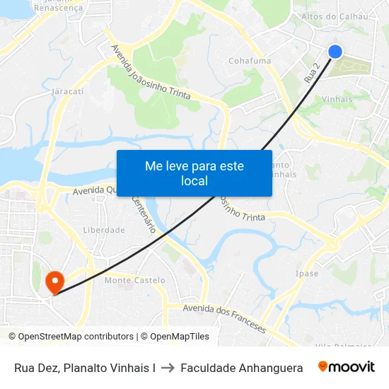 Rua Dez, Planalto Vinhais I to Faculdade Anhanguera map