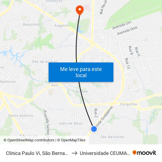 Clínica Paulo Vi, São Bernardo (Sentido Centro) to Universidade  CEUMA - Campus TURU map