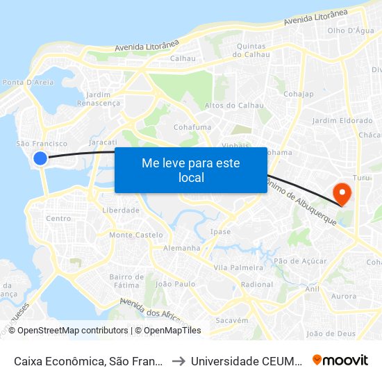 Caixa Econômica, São Francisco (Sentido Centro) to Universidade  CEUMA - Campus TURU map