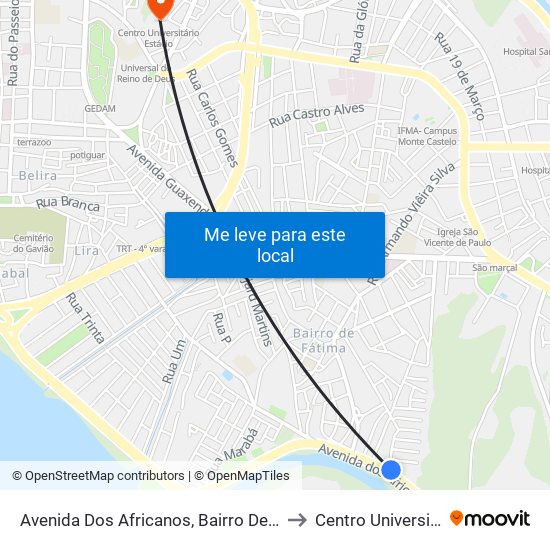 Avenida Dos Africanos, Bairro De Fátima (Sentido Centro) to Centro Universitário Estácio map