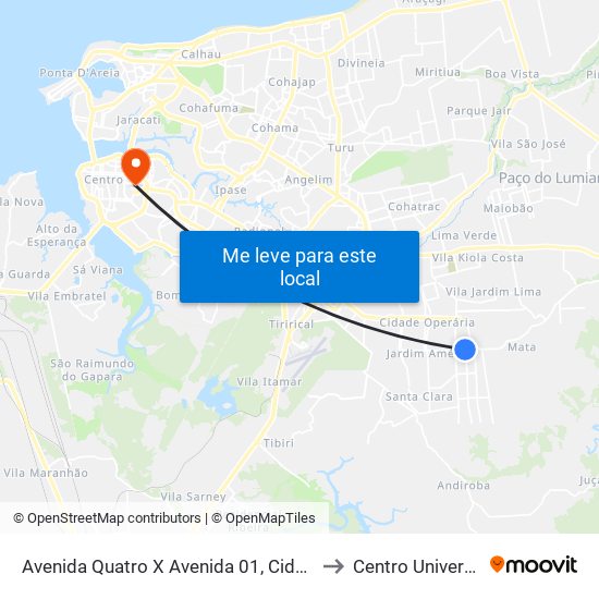 Avenida Quatro X Avenida 01, Cidade Olímpica (Sentido Centro) to Centro Universitário Estácio map
