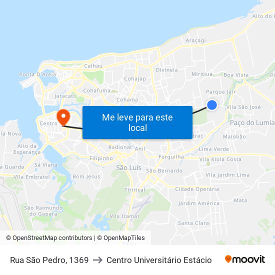 Rua São Pedro, 1369 to Centro Universitário Estácio map