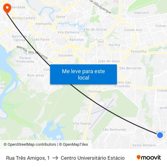Rua Três Amigos, 1 to Centro Universitário Estácio map