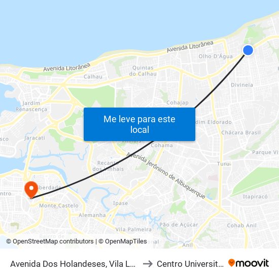 Avenida Dos Holandeses, Vila Luizão (Sentido Centro) to Centro Universitário Estácio map