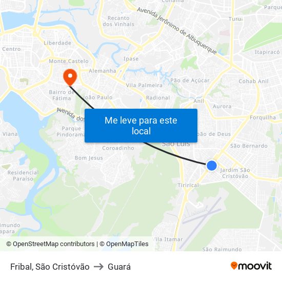 Fribal, São Cristóvão to Guará map