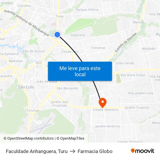 Faculdade Anhanguera, Turu to Farmacia Globo map