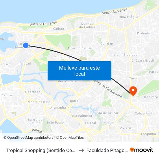 Tropical Shopping (Sentido Centro) to Faculdade Pitágoras map