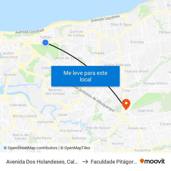 Avenida Dos Holandeses, Calhau to Faculdade Pitágoras map