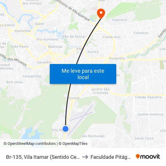 Br-135, Vila Itamar (Sentido Centro) to Faculdade Pitágoras map