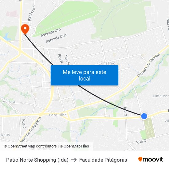 Pátio Norte Shopping (Ida) to Faculdade Pitágoras map