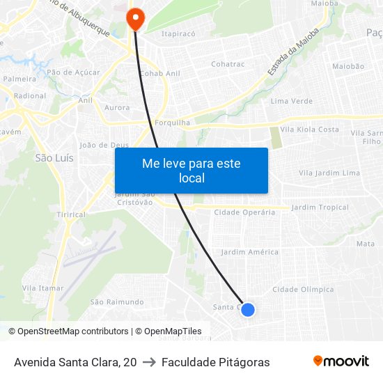 Avenida Santa Clara, 20 to Faculdade Pitágoras map