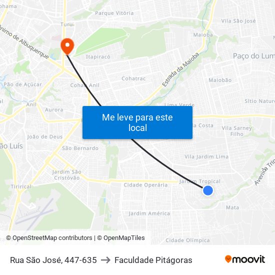 Rua São José, 447-635 to Faculdade Pitágoras map