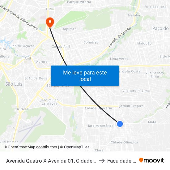 Avenida Quatro X Avenida 01, Cidade Olímpica (Sentido Centro) to Faculdade Pitágoras map