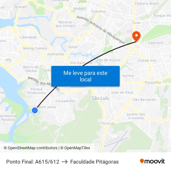Ponto Final: A615/612 to Faculdade Pitágoras map