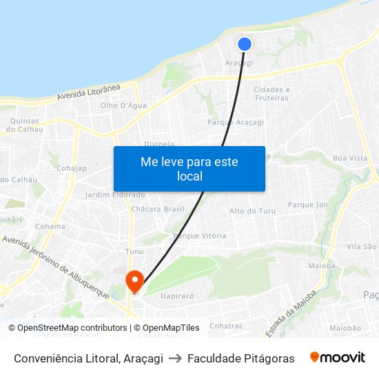 Conveniência Litoral, Araçagi to Faculdade Pitágoras map