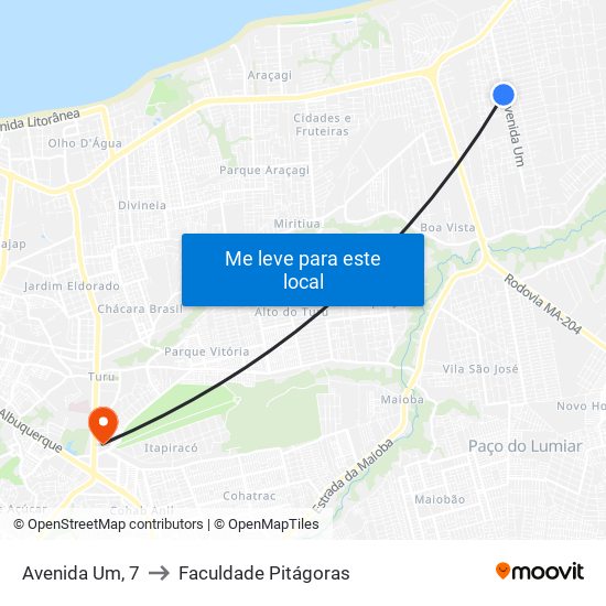 Avenida Um, 7 to Faculdade Pitágoras map