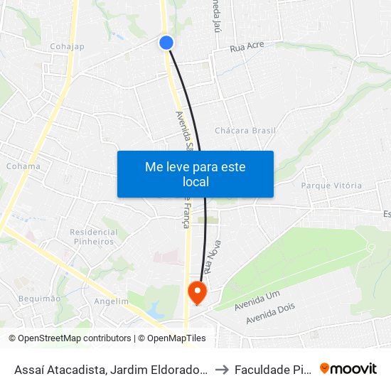 Assaí Atacadista, Jardim Eldorado (Sentido Bairro) to Faculdade Pitágoras map