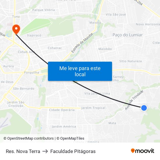 Res. Nova Terra to Faculdade Pitágoras map