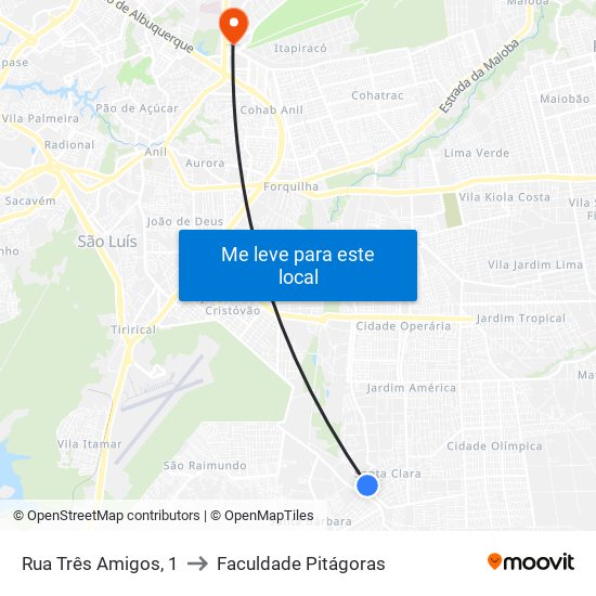 Rua Três Amigos, 1 to Faculdade Pitágoras map