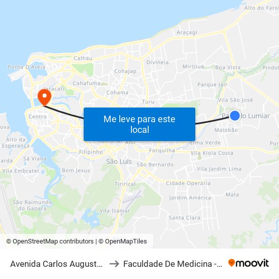 Avenida Carlos Augusto, 20a to Faculdade De Medicina - Ufma map