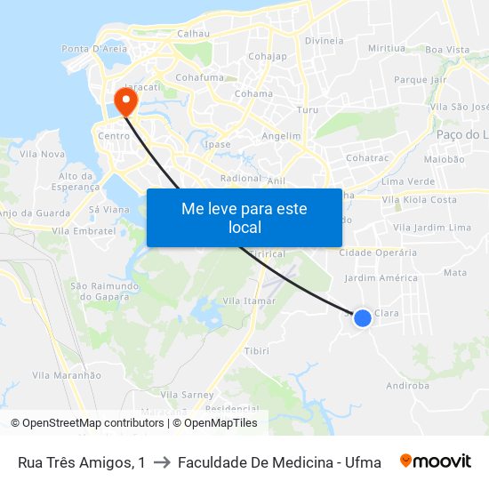 Rua Três Amigos, 1 to Faculdade De Medicina - Ufma map