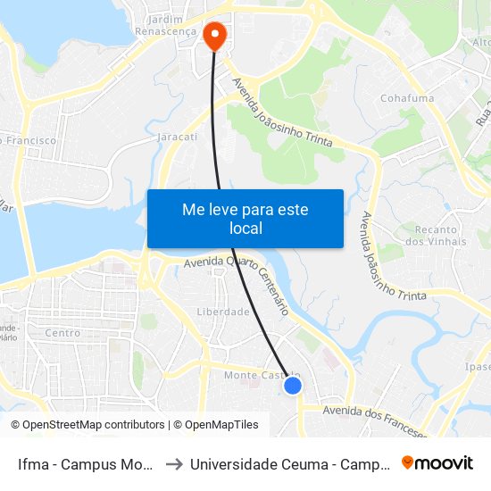 Ifma - Campus Monte Castelo to Universidade Ceuma - Campus Renascença map