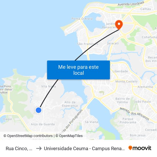 Rua Cinco, 289 to Universidade Ceuma - Campus Renascença map