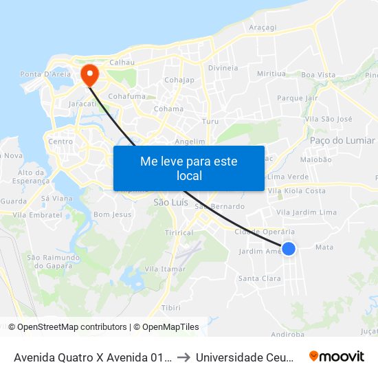 Avenida Quatro X Avenida 01, Cidade Olímpica (Sentido Centro) to Universidade Ceuma - Campus Renascença map