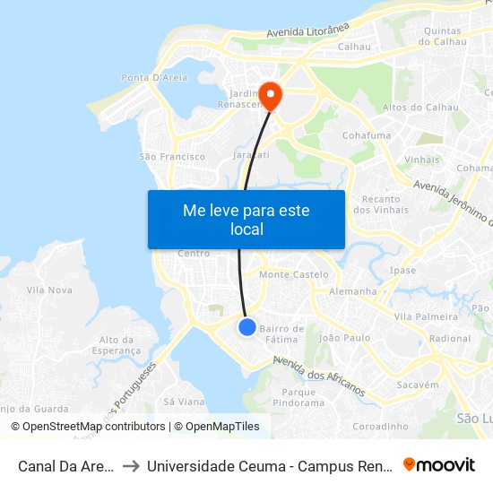 Canal Da Areinha to Universidade Ceuma - Campus Renascença map