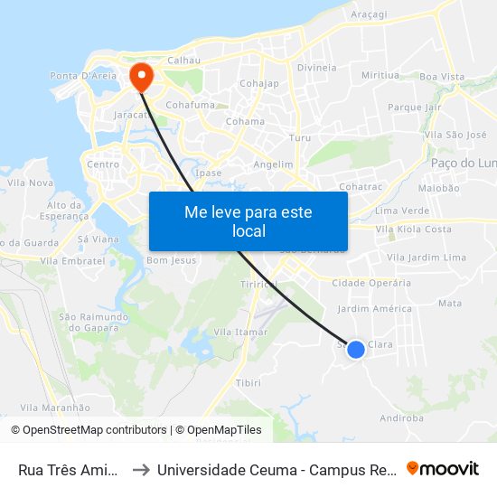 Rua Três Amigos, 1 to Universidade Ceuma - Campus Renascença map