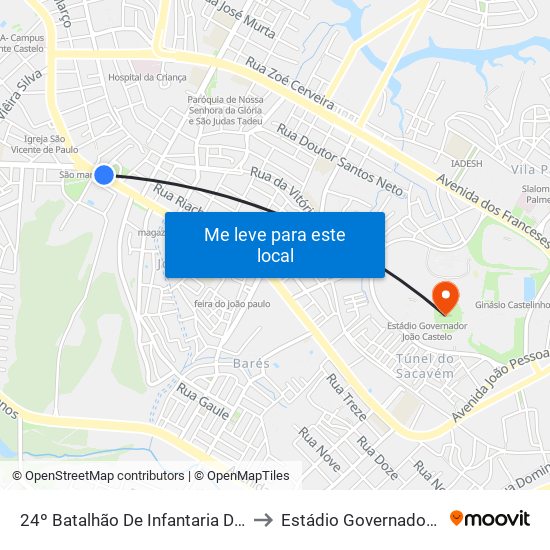 24º Batalhão De Infantaria De Selva, João Paulo to Estádio Governador João Castelo map