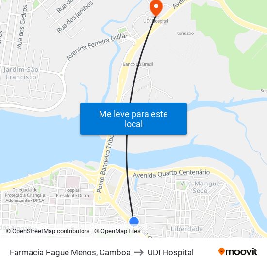 Farmácia Pague Menos, Camboa to UDI Hospital map