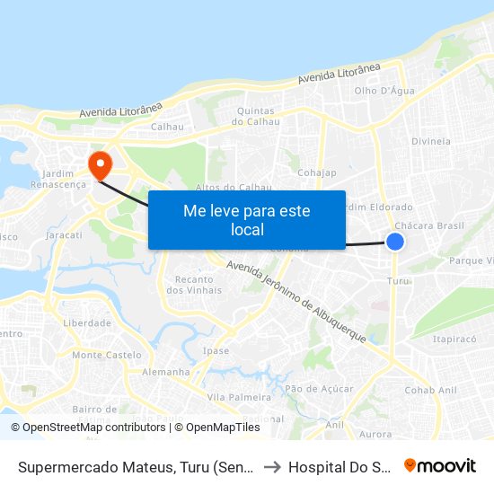 Supermercado Mateus, Turu (Sentido Centro) to Hospital Do Servidor map