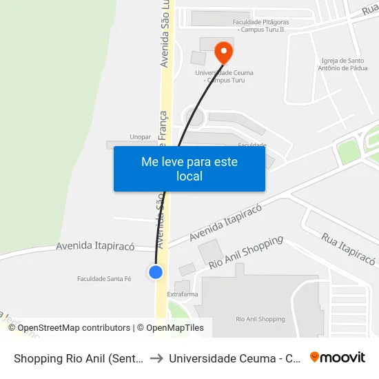 Shopping Rio Anil (Sentido Centro) to Universidade Ceuma - Campus Turu map
