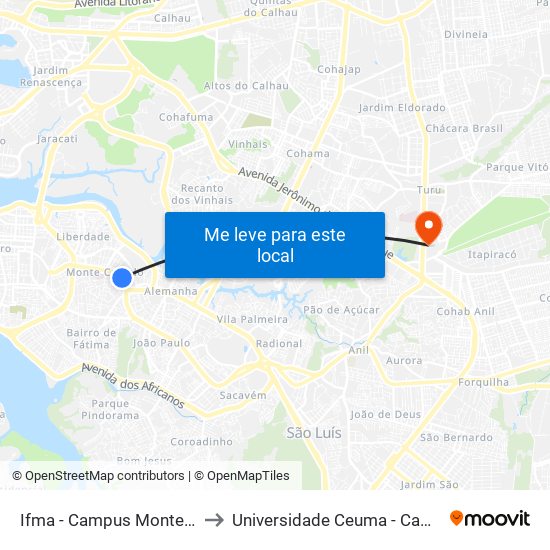 Ifma - Campus Monte Castelo to Universidade Ceuma - Campus Turu map