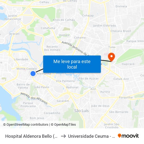 Hospital Aldenora Bello (Sentido Bairro) to Universidade Ceuma - Campus Turu map
