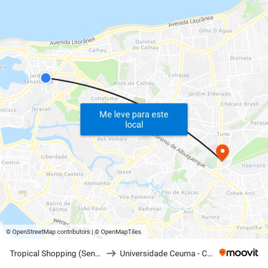 Tropical Shopping (Sentido Bairro) to Universidade Ceuma - Campus Turu map