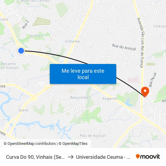 Curva Do 90, Vinhais (Sentido Bairro) to Universidade Ceuma - Campus Turu map