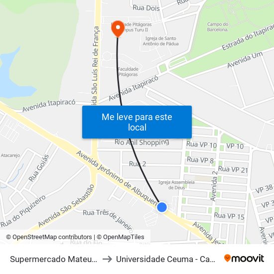 Supermercado Mateus, Cohab to Universidade Ceuma - Campus Turu map