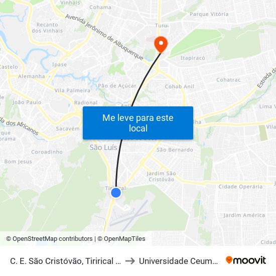 C. E. São Cristóvão, Tirirical (Sentido Aeroporto) to Universidade Ceuma - Campus Turu map