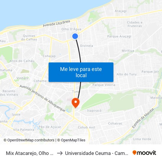 Mix Atacarejo, Olho D'Água to Universidade Ceuma - Campus Turu map