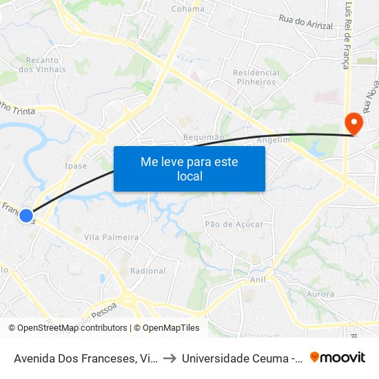 Avenida Dos Franceses, Vila Ivar Saldanha to Universidade Ceuma - Campus Turu map
