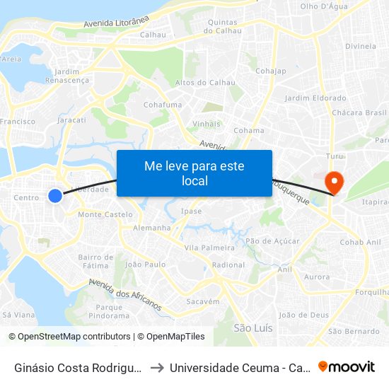 Ginásio Costa Rodrigues, Centro to Universidade Ceuma - Campus Turu map